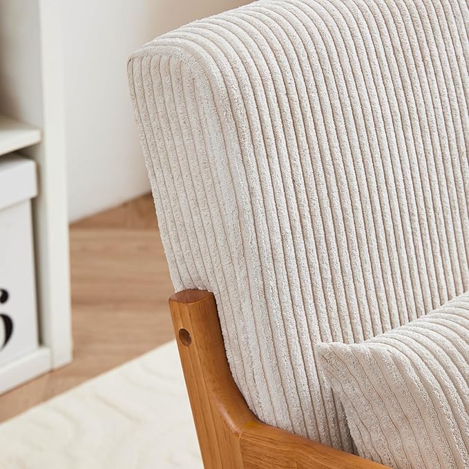 Mid-Century Modern Accent Chair Beige Rubberwood Frame Living Room Bedroom