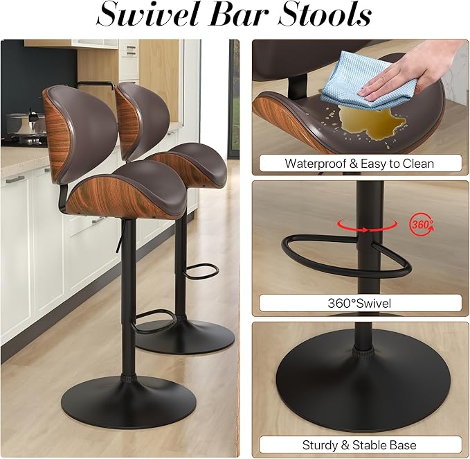 KCC Bar Stools Set of 3, Swivel Adjustable Height Barstools, PU Leather