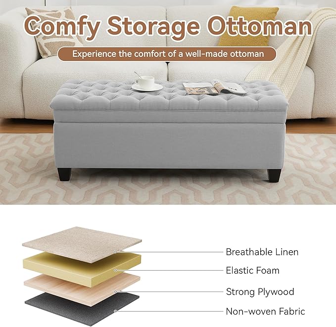 WUTUTUEE 51" Fabric Storage Ottoman Bench, Upholstered Rectangle End of Bed