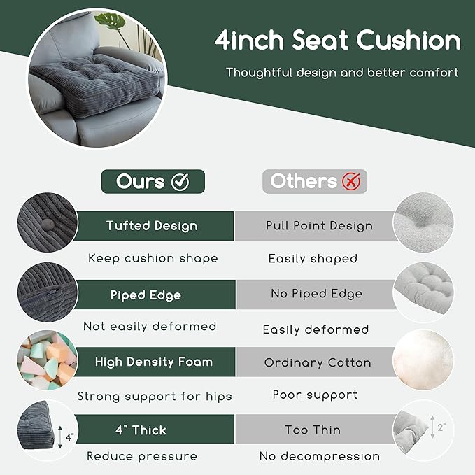Tufted Corduroy Recliner Seat Cushion for Elderly, High Density Foam Large Square Seat Cushion for Recliner Chair, Floor Pillow, Office Chair, Car, No Pressure on Thighs, 20x20x4