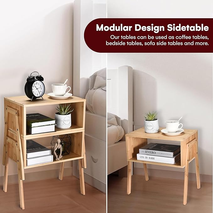 Vdomus Bamboo Stackable Nightstand Set of 2- Natural Wood Matching Side Table