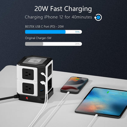 USB Power Strip with Wireless Charger BESTEK 8-Outlet Surge Protector and 40W 6-Port USB Charging Dock Station,1500 Joules,ETL Listed,Dorm Room Accessories (8AC+6USB+Wireless Charger-Black)