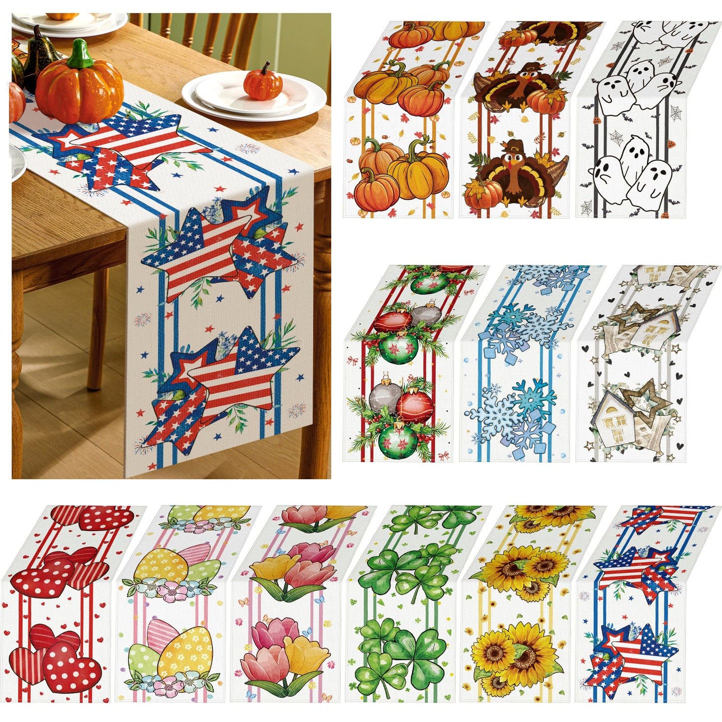 Honeydak 12 Pcs Holiday Table Runner Seasonal Farmhouse Table Decor 13 x 72 Inch Thanksgiving Christmas Decorations Fall Halloween for Home Party Dining Room Kitchen