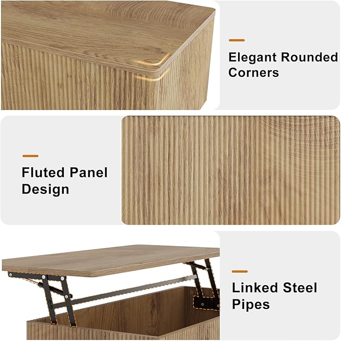 FABATO Mid Century Modern Coffee Table, Wooden Fluted Center Table