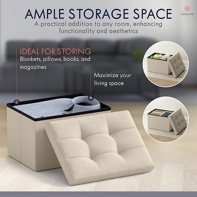 Ornavo Home Small Storage Ottoman, Foldable Collapsible Rectangle Linen Ottoman