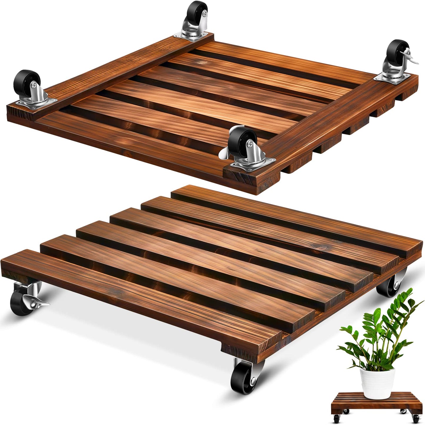 Taiyin 2 Pack 16 Inch Wooden Plant Stand with Lockable Wheels 220 Lbs Heavy Duty Plant Stand with Casters Strong Roller Dolly Base for Outdoor Indoor