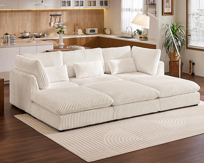 115" Oversized Corduroy Couch Modular Sectional Sofa, Washable Cloud Couch
