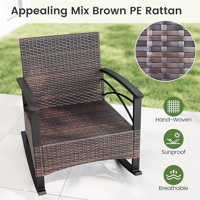 Tangkula 3 Pieces Outdoor Rocking Chairs Set, Rattan Heavy Duty Cushioned
