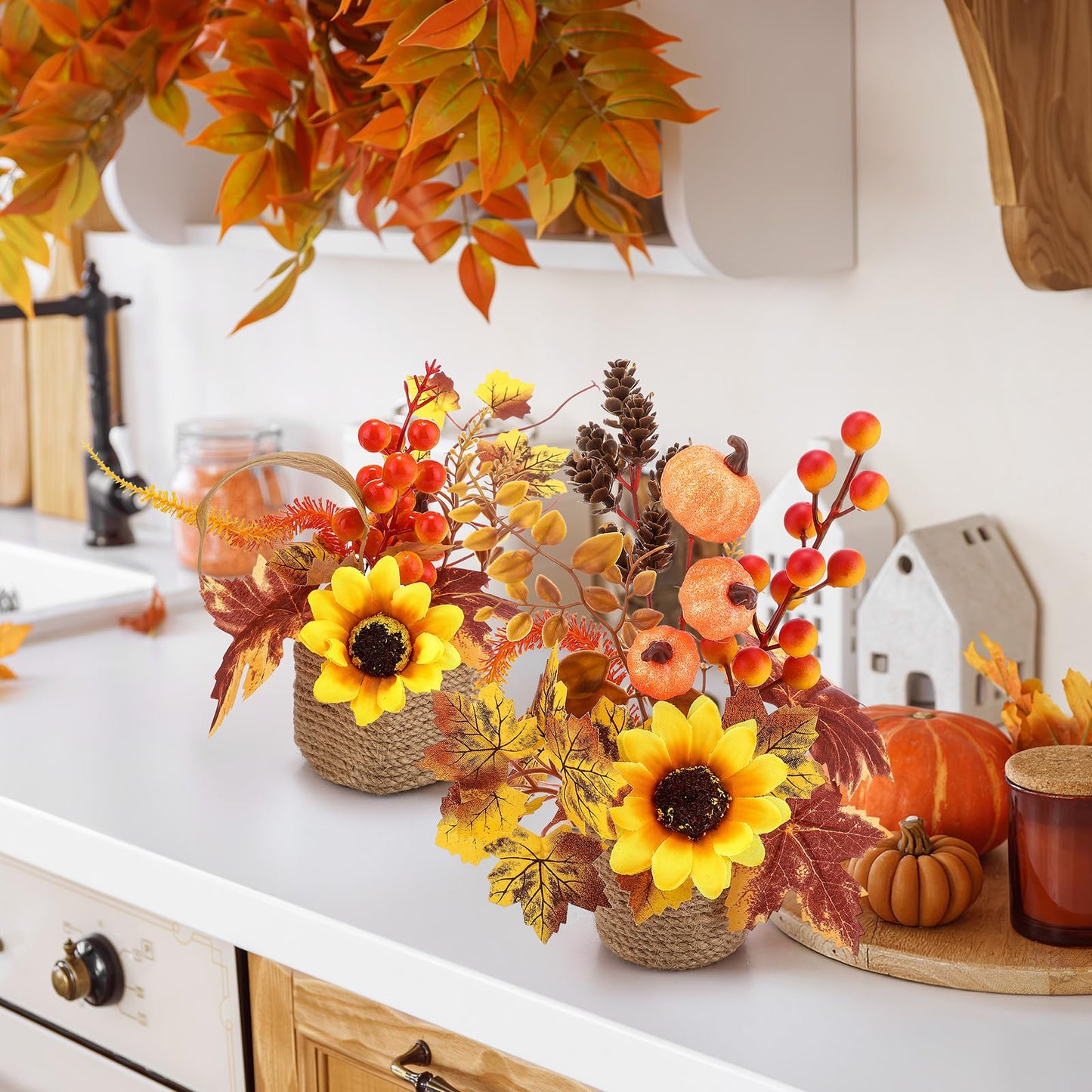 Suncalla 2 Pcs Thanksgiving Fall Table Decorations Centerpiece for Table Maple Leaf Fall Decor for Home Artificial Flower Pumpkin with Rattan Flower Basket for Indoor Thanksgiving Gifts(Vivid Style)