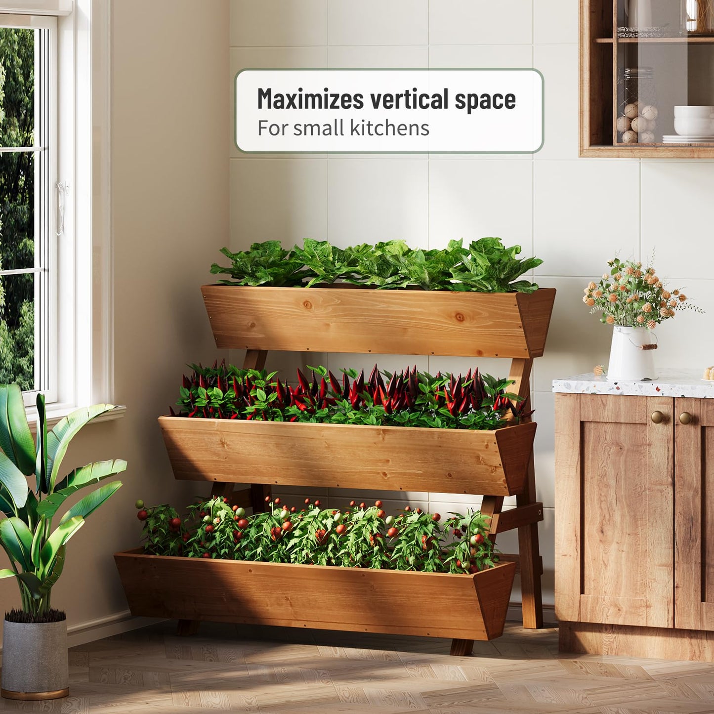 Vertical Wooden Raised Garden Bed, Garden Planters Freestanding Wood Plant Stand Flower Rack Wooden Planter Box for Plants Herbs Flowers Vegetables Outdoor Indoor Gardening (3-Tier Large Brown)