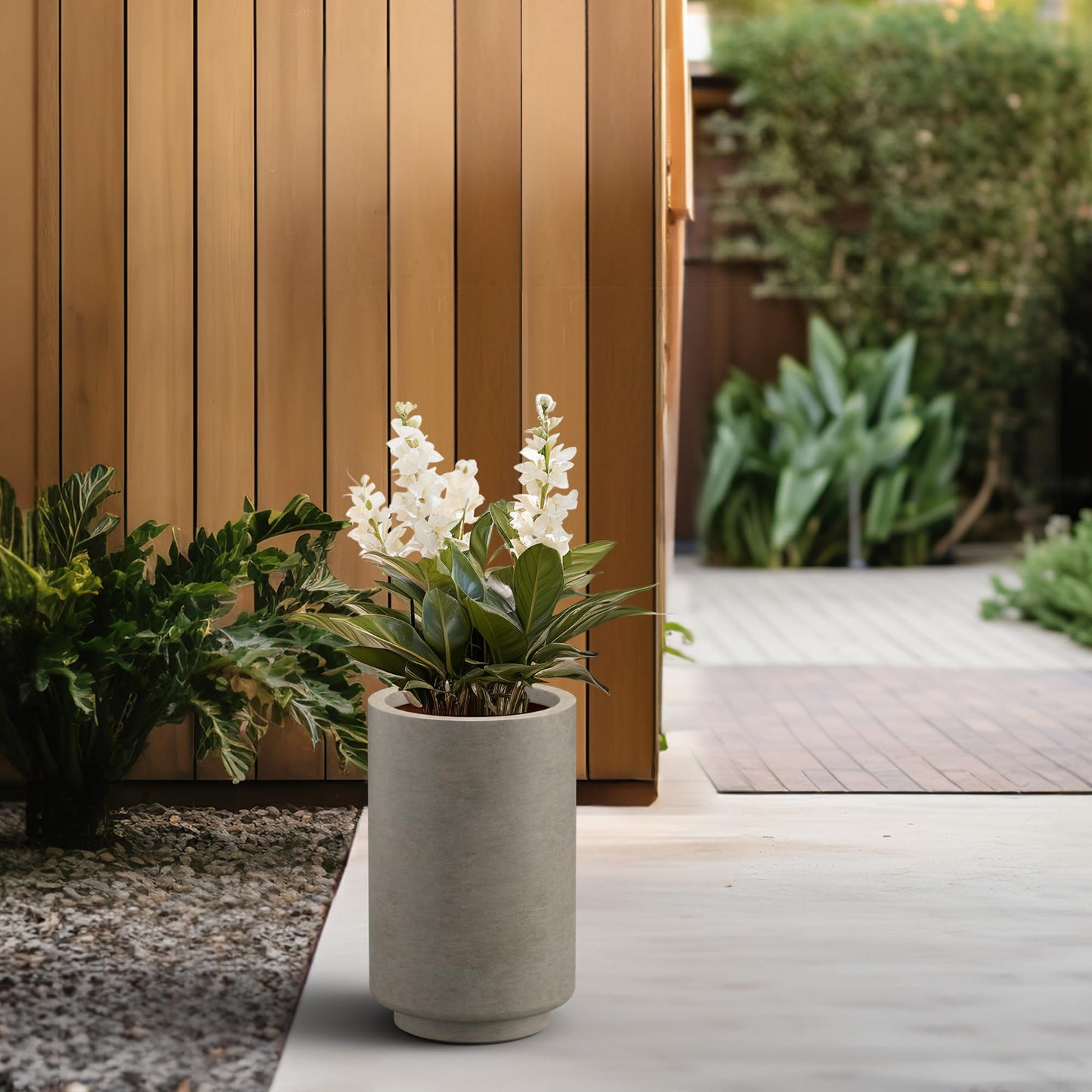 Kante 15.7 Inch Tall Concrete Planter, Round Pedestal Design Garden Pot for Indoor Outdoor Plants, Modern Garden Pot with Drainage Hole, Weathered Concrete Finish with Painted Interior