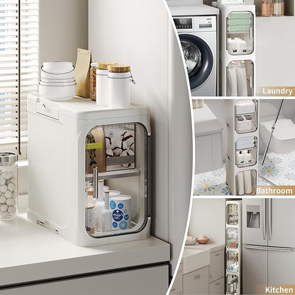 3-Tier Slim Bathroom Narrow Storage Cabinet with Wheels, White | Tool Free Assembly, Adjustable shelves, Lockable Wheels, Magnetic Clear Door, Fits for Narrow Spaces
