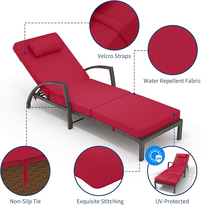 GarveeLife 2-Piece Rattan Patio Folding Chaise Lounge, 5-Position Adjustable