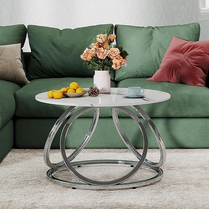 O&K FURNITURE Silver Coffee Table, Round Coffee Table Faux Marble Veins
