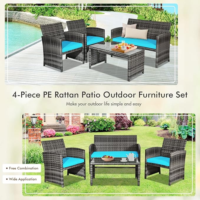 Goplus 4-Piece Rattan Patio Furniture Set, Outdoor Wicker Conversation Sofa