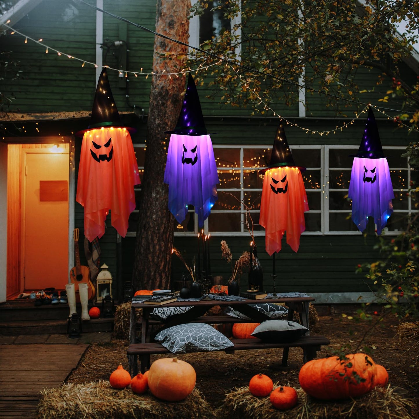 BokingOne Halloween Decoration 2 Pcs Large Halloween Lighted Glowing Ghost Witch Hats, Hanging Ghost Ornaments for Indoor Outdoor Home, Garden, Tree, Yard Party Decor