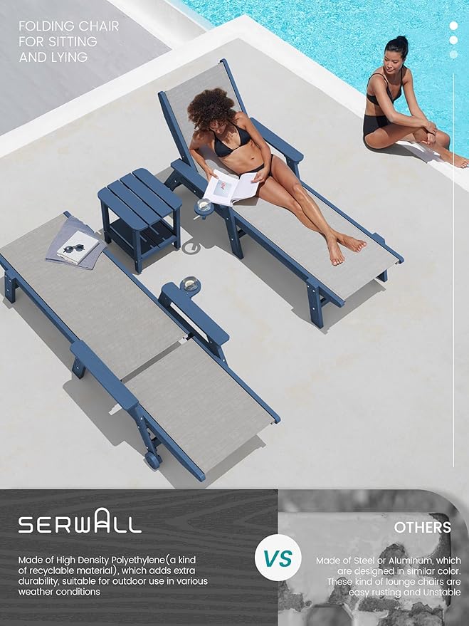 SERWALL Textilene Patio Chaise Lounge Chair Set of 2, 5 Positions Outdoor
