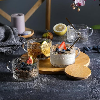 LANDNEOO 12pcs Set Irish Coffee Glasses, Vintage Coffee Mugs, Overnight Oats Containers with Bamboo Lids and Spoons - 14oz Clear Embossed Glass Cups, Cute Coffee Bar Accessories, Iced Coffee Glasses