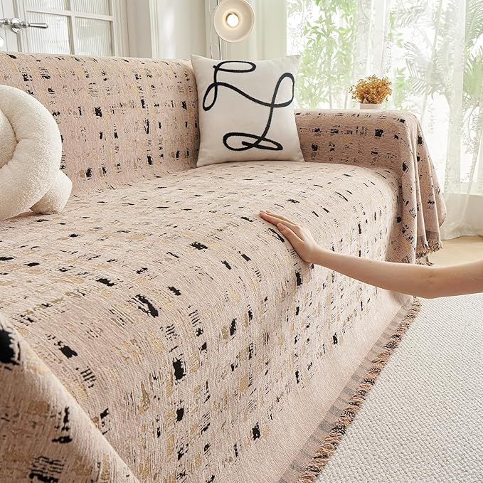 DREAMINGO Abstract Chenille Couch Cover Blanket Coffee Black Boho Sofa Cover