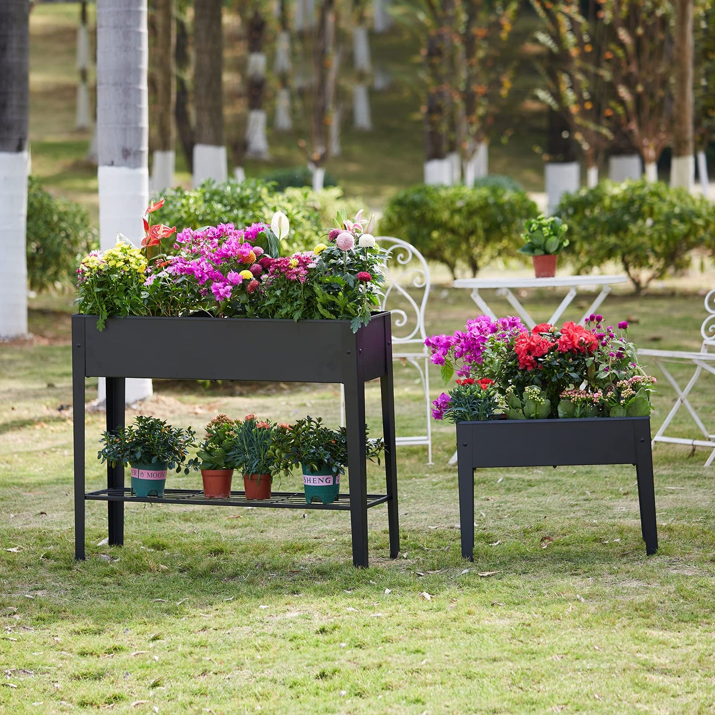 Piksedo Raised Garden Bed, Elevated Planter Black Metal Plant Box with Legs Standing Garden Stand Drainage Holes Black