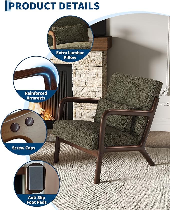 Garvee Mid-Century Modern Accent Chair, Sherpa Upholstery, Solid Wood Armchair