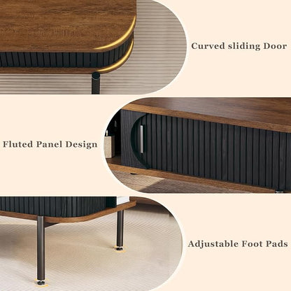 Coffee Table, 39.4" Mid Century Modern Coffee Tables for Living Room, Coffee Table with Storage Open Shelf, Fluted Table with Sliding Cabinet Door, 2-Tier Rustic Wood Desktop, Black & Walnut