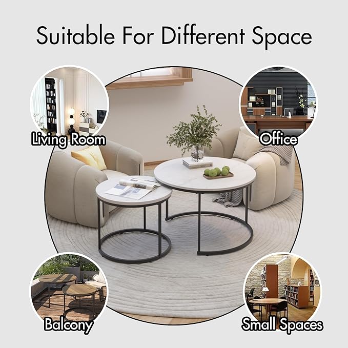 Homy Casa 27.6inch Round Coffee Table Set of 2, Modern Nesting Coffee Tables
