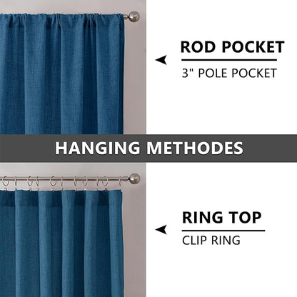 Tollpiz Short Linen Curtains Bedroom Rod Pocket Semi Sheer Curtain Burlap Light Filtering Thick Linen Drapes for Living Room, 38 x 45 inches Long, Classic Blue, Set of 2 Panels