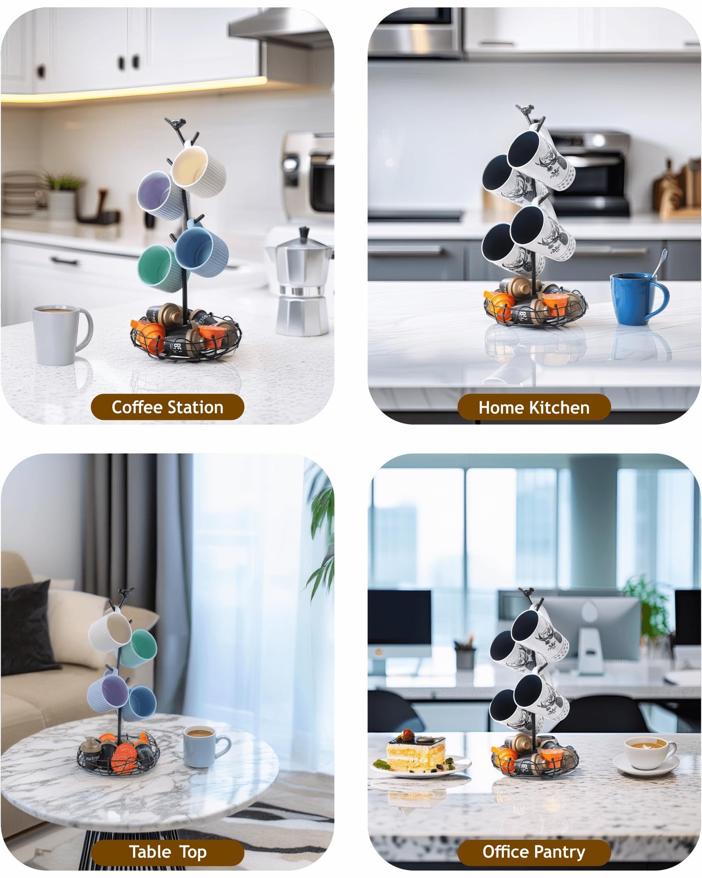 Ouseen Coffee Mug Holder for Countertop, Mug Tree with Bird's Nest Storage Basket, Holds 4 Large Mugs (20oz Compatible), Whimsical Kitchen Decor, Coffee Bar Accessories (Black)