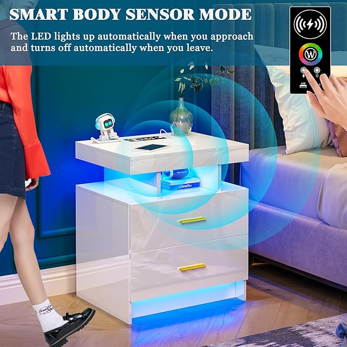 WOOVIVS Night Stand with Light, High Gloss Nightstand with USB/Wireless