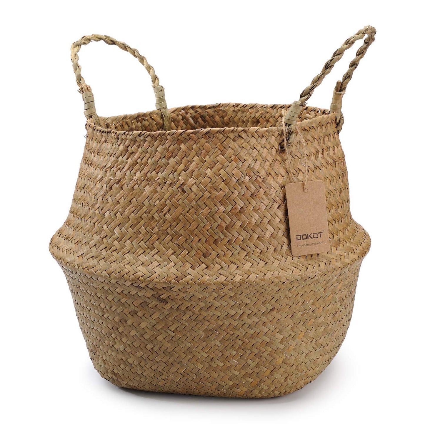 DOKOT Seagrass Plant Basket with Handles, Wicker Woven Storage Basket (8.3inch Diameter x 9inch Height), Natural
