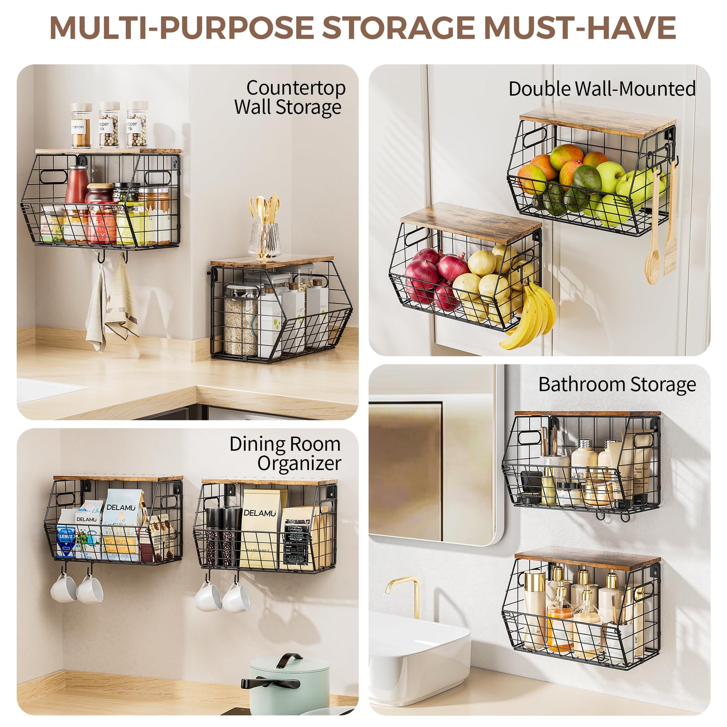 Delamu Stackable Metal Fruit Basket with Wood Lid 2 Pack, Hanging Wall Organizer for Kitchen Counter, Pantry Storage for Onions, Potatoes, Garlic, Fruits, Spices, Black