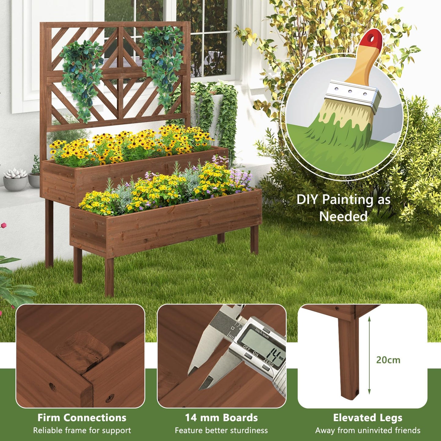 Giantex Raised Garden Bed with Trellis, 2-Tier Standing Planter Box with Legs and Drain Holes, Outdoor Elevated Garden Trellis for Vine Climbing, Flower Vegetable Fruit Herb Growing, Coffee Brown