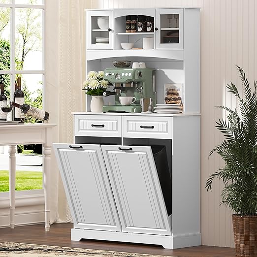 Double 13 Gallon Tilt Out Trash Can Cabinet with Deodorizing Function and Power Outlet, 71" Tall Wooden Garbage Can Holder Cabinet with 2 Storage Hutch & 2 Drawers for Kitchen and Dining Room, White