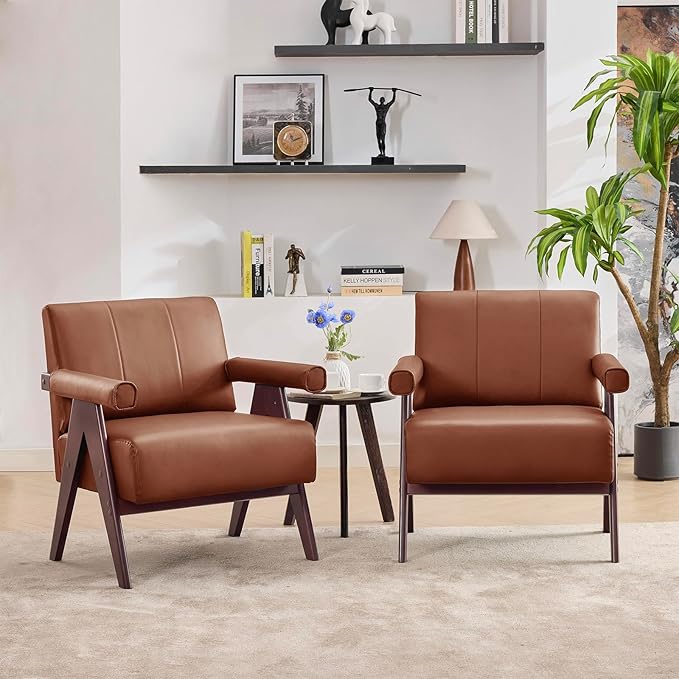 STHOUYN Brown Leather Accent Chairs Set of 2, Mid Century Modern Chair Set of 2