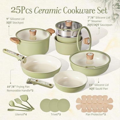 CAROTE 25-Piece Ceramic Cookware Set, Nonstick Pots and Pans Set with Detachable Handle, Non-Toxic Kitchen Cooking Set, Dishwasher & Oven Safe, Induction Compatible, PFAS Free