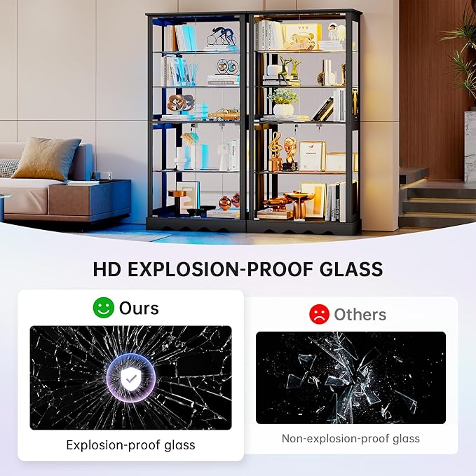 Dystler Display Cabinet with Glass Doors, LED Display Case with Removable Shelf