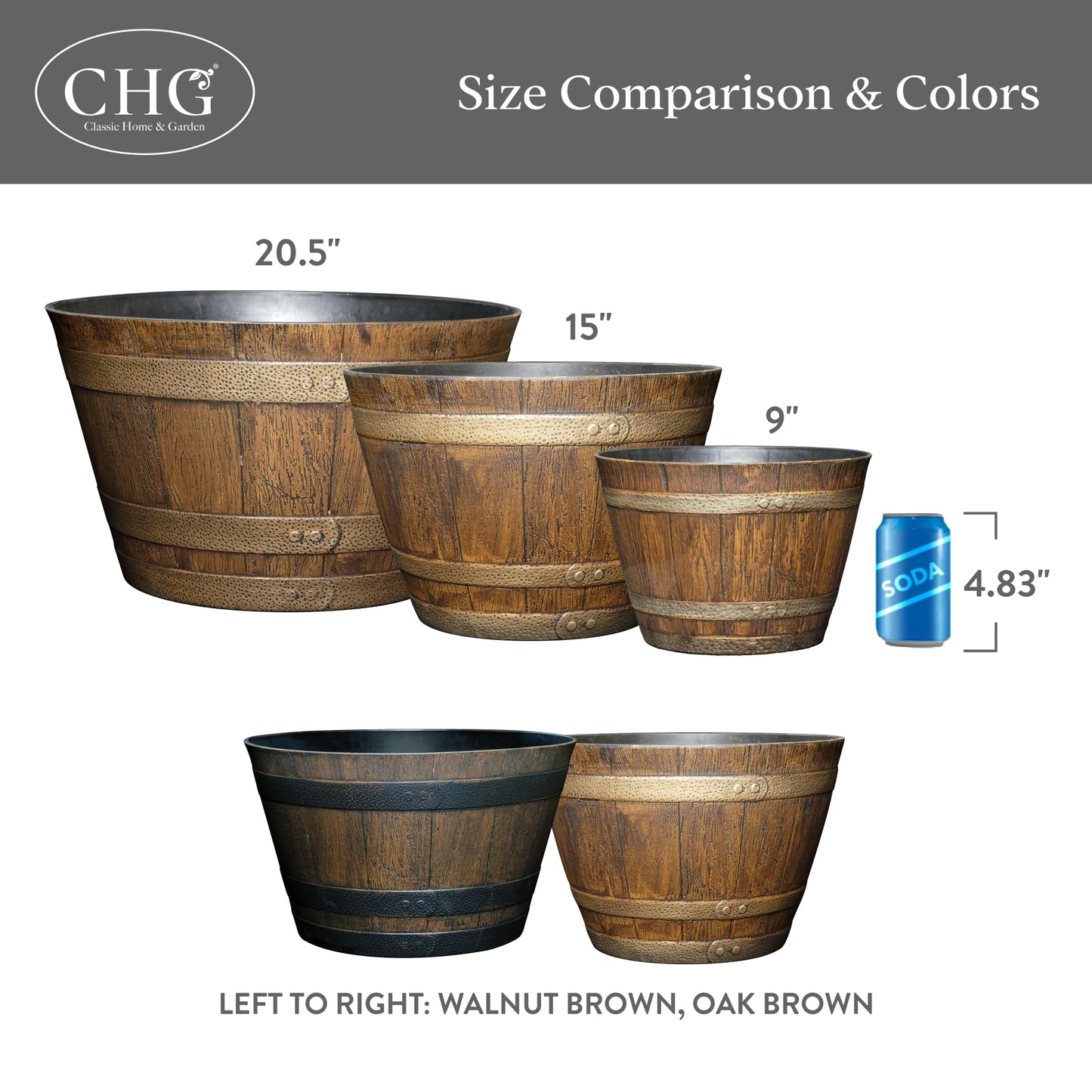 Classic Home & Garden Whiskey Barrel Planters - Wooden Finish Flower Planter Pot - Decorative Garden Pots - Indoor & Outdoor Resin Planters - Weather-Resistant Planting Pots (15” Oak Brown, Pack Of 1)