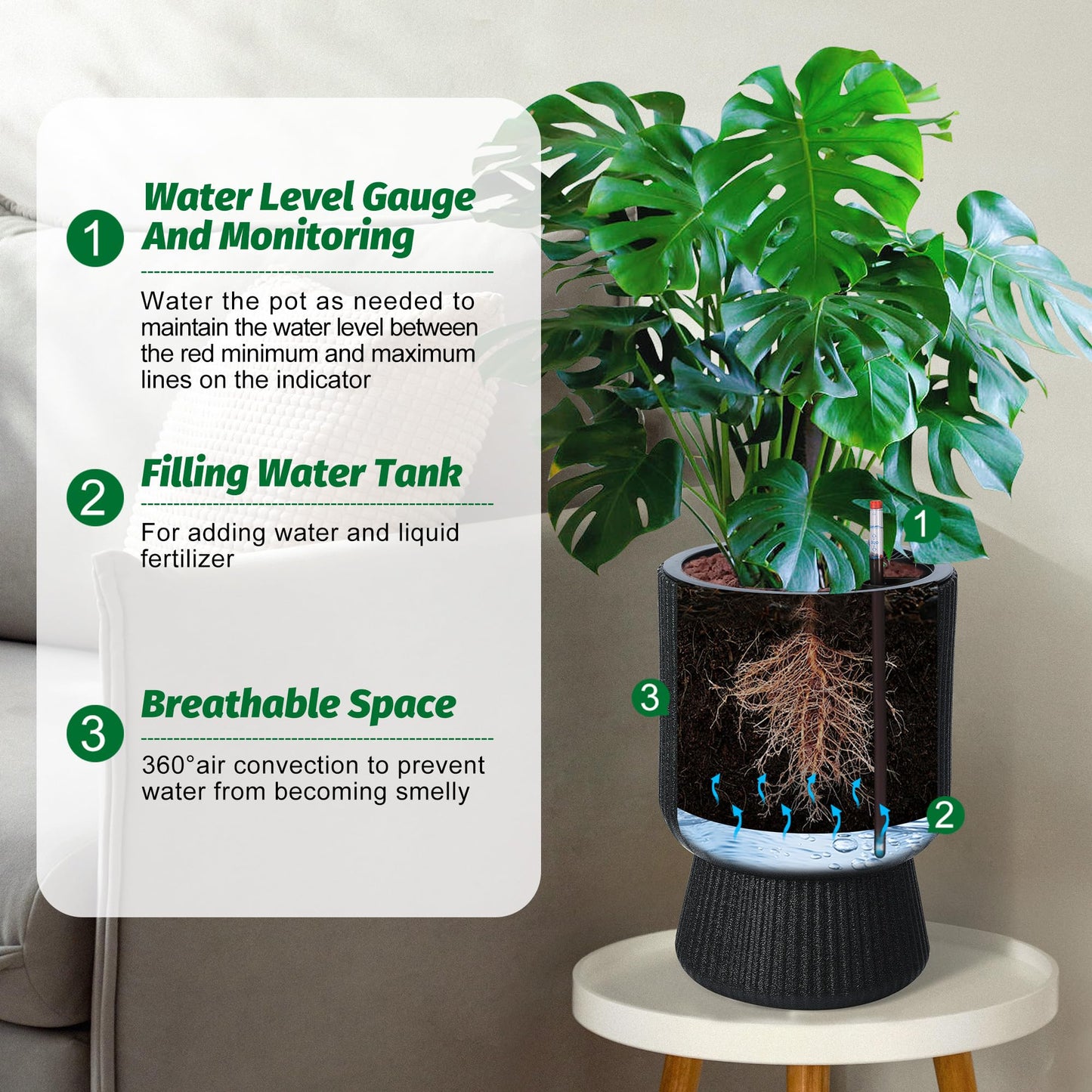 GarveeLife 14.2 in Planters Set of 2, Outdoor＆Indoor Black Planter Pots, Planter Pots with Inner Bucket and Water Level Monitor, for Patio, Porch, Living Room, or Home Office, Classic Black