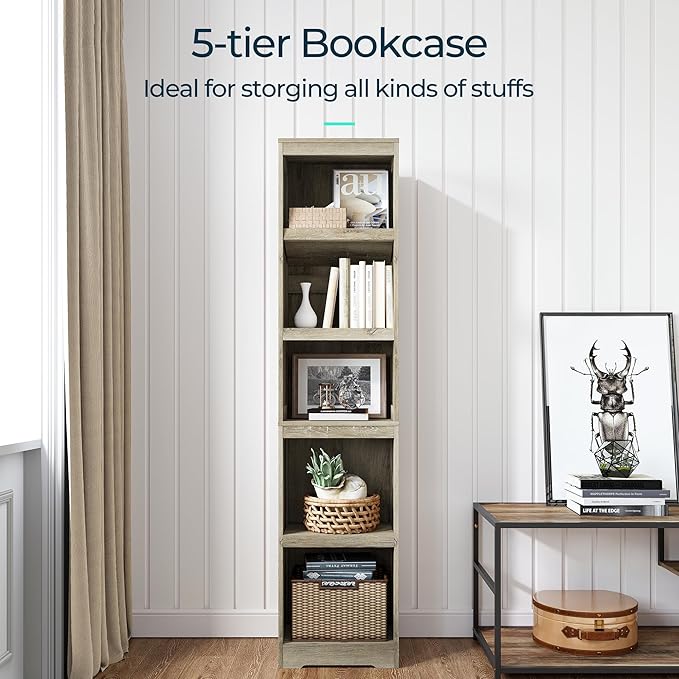 LINSY HOME 5-Shelf Bookcase, Narrow Bookshelves Floor Standing Storage Shelves