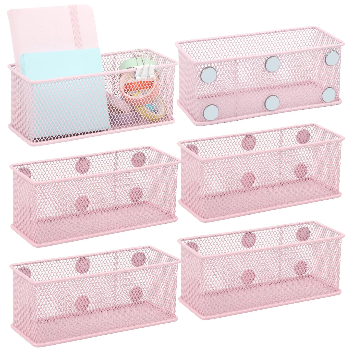 EASEPRES Magnetic Pencil Holder Set of 6 - Wire Mesh Storage Baskets Organizer with Strong Magnets - Perfect for Whiteboard, Refrigerator and Locker Accessories, Pink
