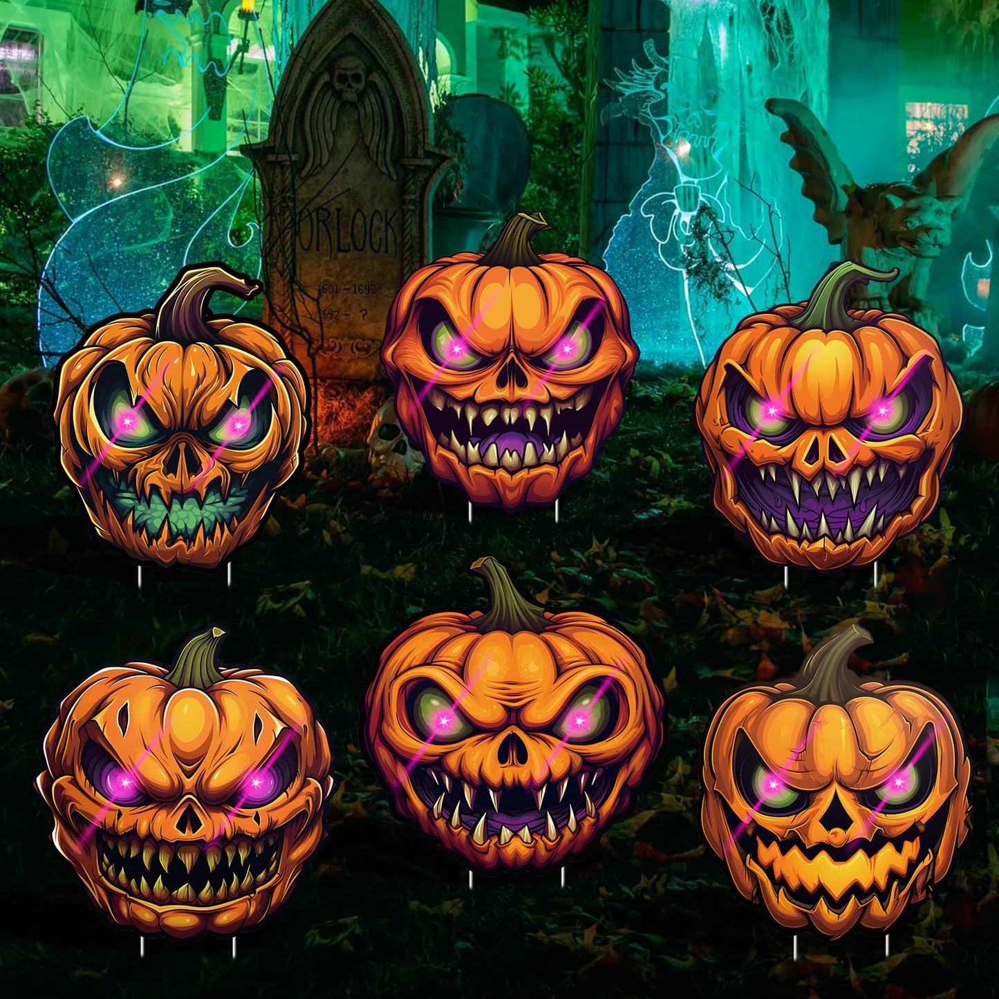 6 Pack Pumpkin Halloween Decorations Plastic Yard Signs with Stakes,Halloween Decorations Outdoor, Scary Silhouette with Glow in Dark Eyes for Outdoor Yard Lawn Garden