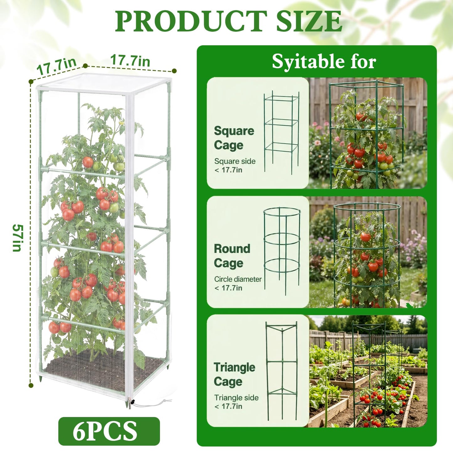 6 Pcs Tomato Netting for Garden Protection, 57" X 17.7" X 17.7" Square Tomato Cage Insect Barrier Plant Netting Mesh Cover with Zipper & Drawstring, for Vertical Climbing Plants Vegetables Fruits