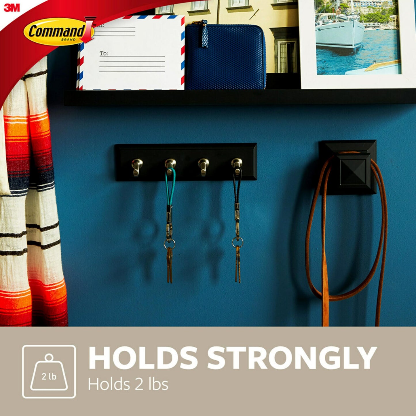 3M Command HOM18SES Decorative Key Rail, 8w x 1 1/2d x 2 1/8h, Black/Silver, 4 Hooks/Pack