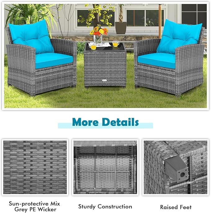 HAPPYGRILL 3 Pieces Patio Conversation Set, Outdoor Furniture Set PE Rattan