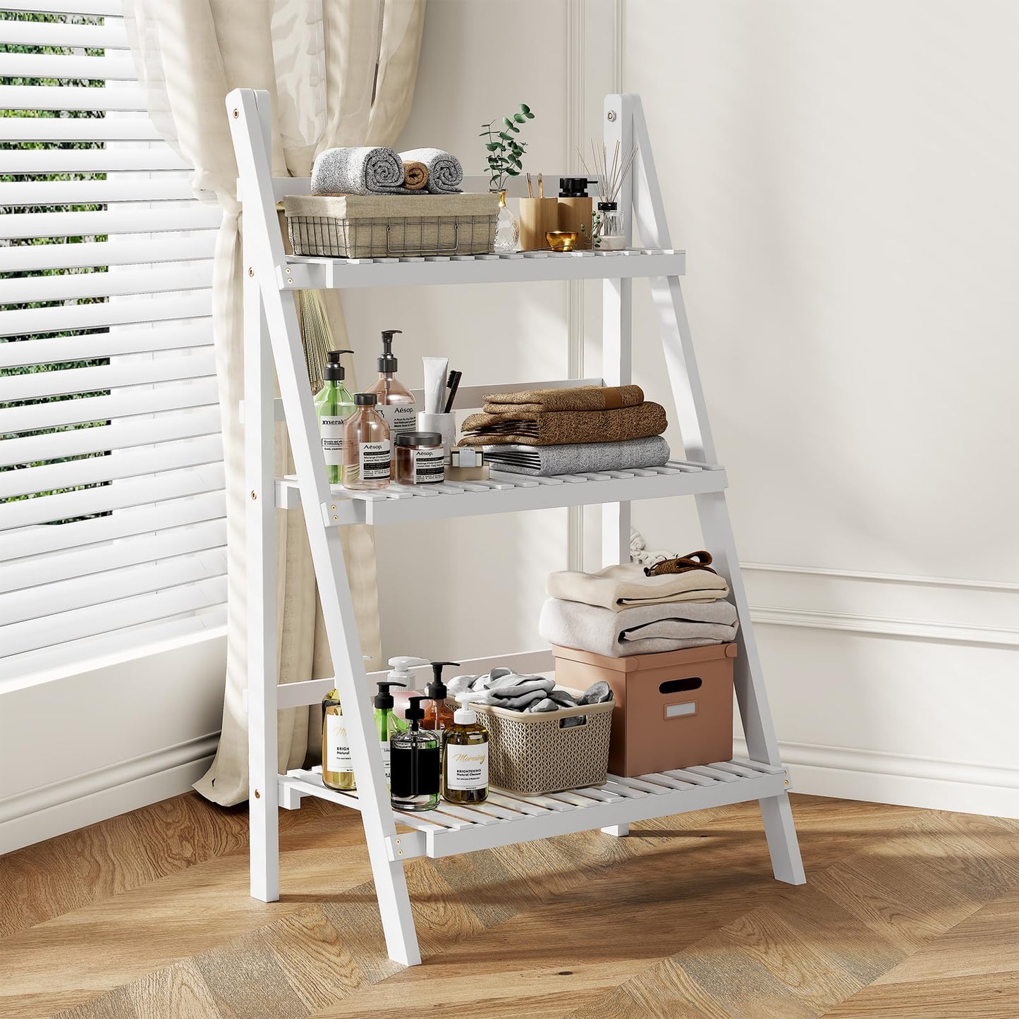oakvivo Bamboo Bookshelf 3-Tier Ladder Shelf, 39.4” Freestanding Open Bookcase Book Shelf Bathroom Storage Shelf Unit Plant Stand for Small Space, Living Room, Bedroom, Home Office, White
