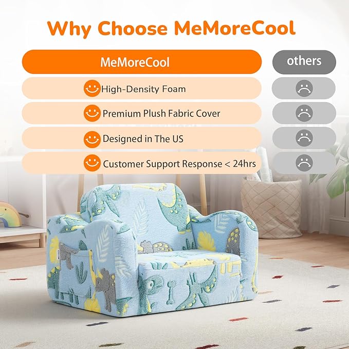 MeMoreCool Glowing Dinosaur Kids Chair, 2-in-1 Convertible Kids Couch Fold Out