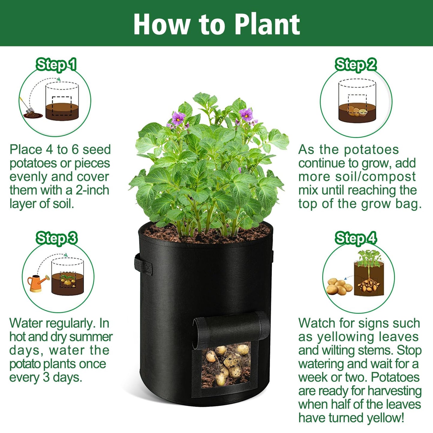 REMIAWY Potato Grow Bags, 10 Gallon 6 Pack Potato Bags for Growing Potatoes with Flap Harvest Window and Handle, Potato Planter Thickened Nonwoven Fabric Pots for Tomatoes Carrots Vegetables Fruits