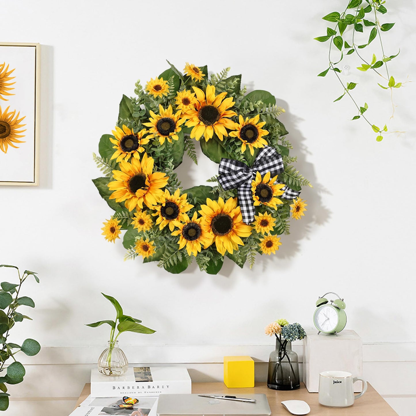 24 Inch Large Sunflower Spring Summer Wreath for Front Door, All Season Wreath with Bow Wreaths for Unique Housewarming Gift, Porch Wall Farmhouse Home Wedding Holiday Decor