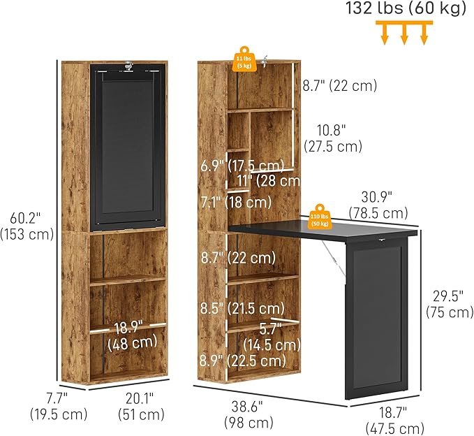 HOMCOM Foldable Convertible Writing Table, Wall Mounted Space-Saving Computer